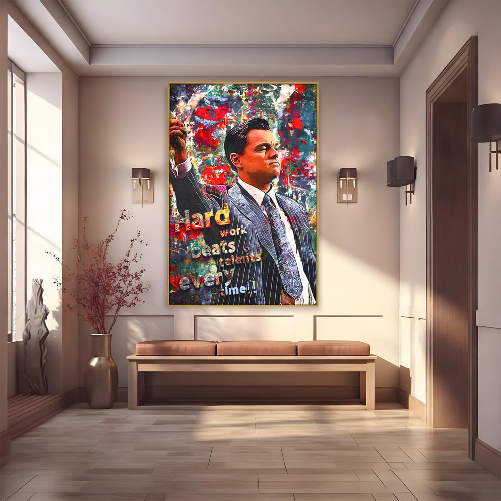 Tablou canvas cu tablou canvas cu leonardo dicaprio si mesaj motivational, in rama de aluminiu auriu